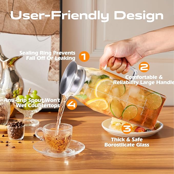 2 Liters/68oz 2 Pack Square Glass Pitcher with Lid and Handle for Bridge Door, Aofmee Borosilicate Glass Heat Resistant Dishwasher Safe Iced Tea Jar, Carafe with Scale Line for Hot/Cold Beverage