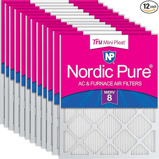 Nordic Pure 12x12x1 (Actual Size: 11 3/4 x 11 3/4 x 3/4) Tru Mini Pleat MERV 8 AC Furnace Air Filters - 2.5X More Media for Longer-Lasting, High-Efficiency Filtration - 12 Pack