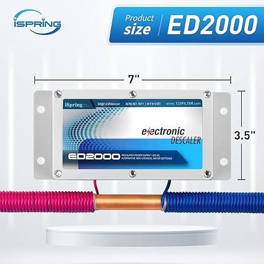 iSpring ED2000 Whole House Water Descaler, Alternative Electronic Salt-Free Hard Water Conditioner, Reduces Limescale Prevent Deposits Build-up, Different from a Water Softener