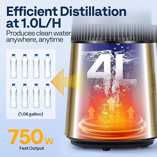 VIVOHOME Water Distiller Countertop 1.1 Gallon/4L 304 Stainless Steel Distilled Water Machine with Smart Switch Purifier Filter for Home Officek, Champagne