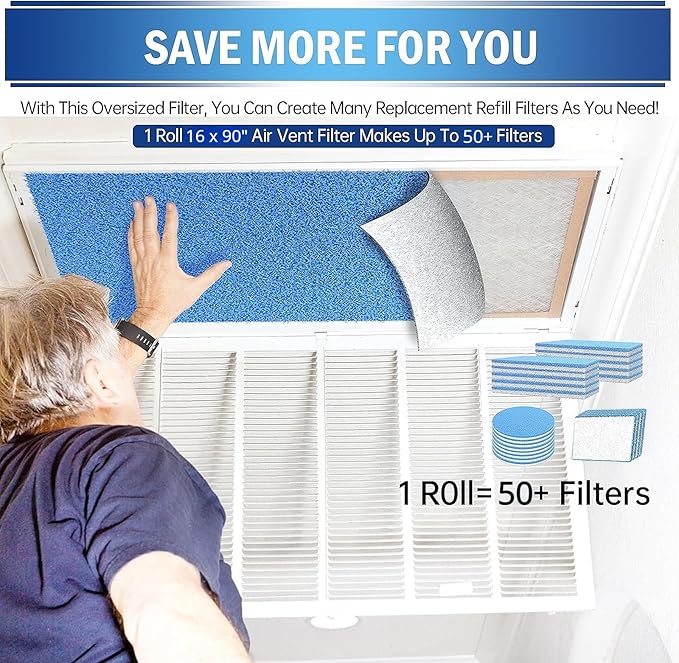 UBeesize Air Vent Filters, 16" x 90" Cut to Size Air Filter Material (50+ Filters), MERV 8 Triple Vent Filter Kit for Home Floor, Grilles, Ceiling, HVAC Furnace Vent, With 48PCs Adhesive Hook Tape