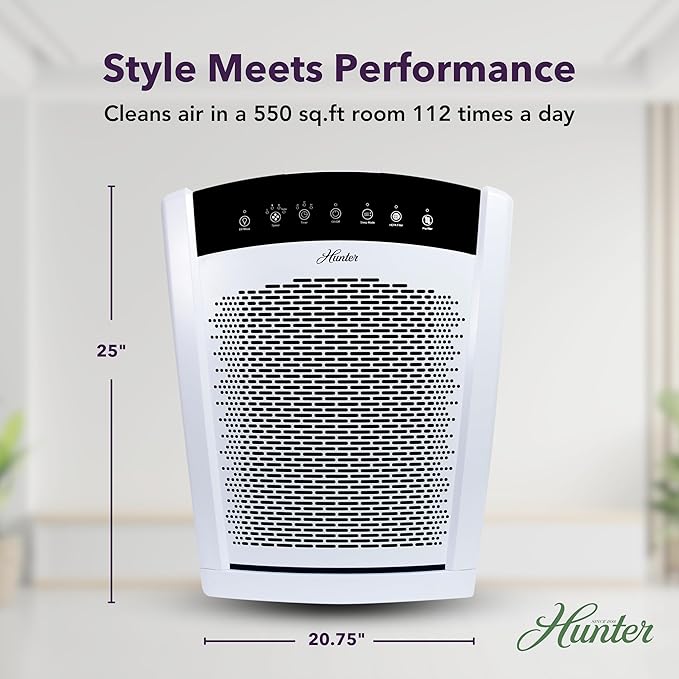 Hunter HP850 Air Purifiers for Home Large Room and Bedroom. True HEPA Air Purifier for Pets, Odors, Allergens, Smoke, Dust. 4 Fan Speeds, Quiet Sleep Mode, UV Mode. Filters 2585 Ft² per hour. White