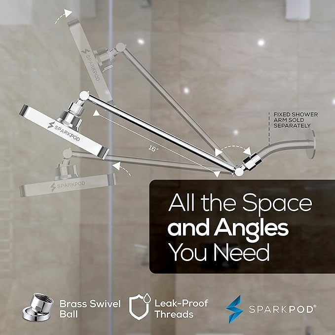 SparkPod Square Rain Shower Head with Shower Head Extension Arm - High Pressure Rain - Luxury Modern Look - No Hassle Tool-less 1-Min Installation (16" Shower Arm Extension, Luxury Polished Chrome)