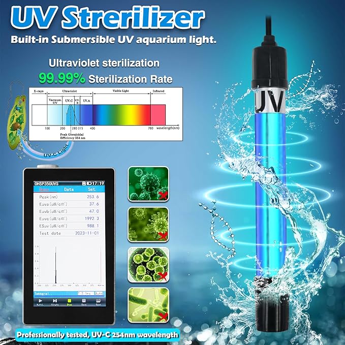 Small Pond Filter for 75-300 Gallon Tank, Aquarium U-V Filter Green Clean Machine Submersible Powerful Pump Canister Filter 600GPH for Fish Turtle Tank Saltwater Freshwater Crystal Clear Green Killing