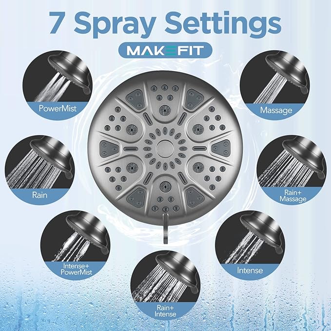 Filtered Shower Head - High Pressure Shower Head with filter for Hard Water - Rain Shower Head Water Softener - Luxury 7 Settings Adjustable Water Filter Showerhead Body Sprays (Gray)