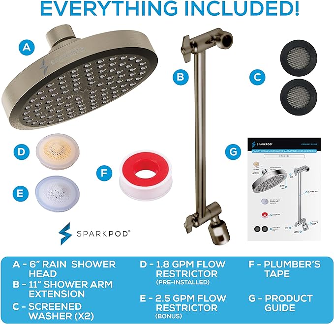 SparkPod Round Rain Shower Head with Extension Arm - Height Adjustable Shower Head with High Pressure Performance - Easy 1-Minute Installation (11" Arm Extension, Elegant Brushed Nickel)