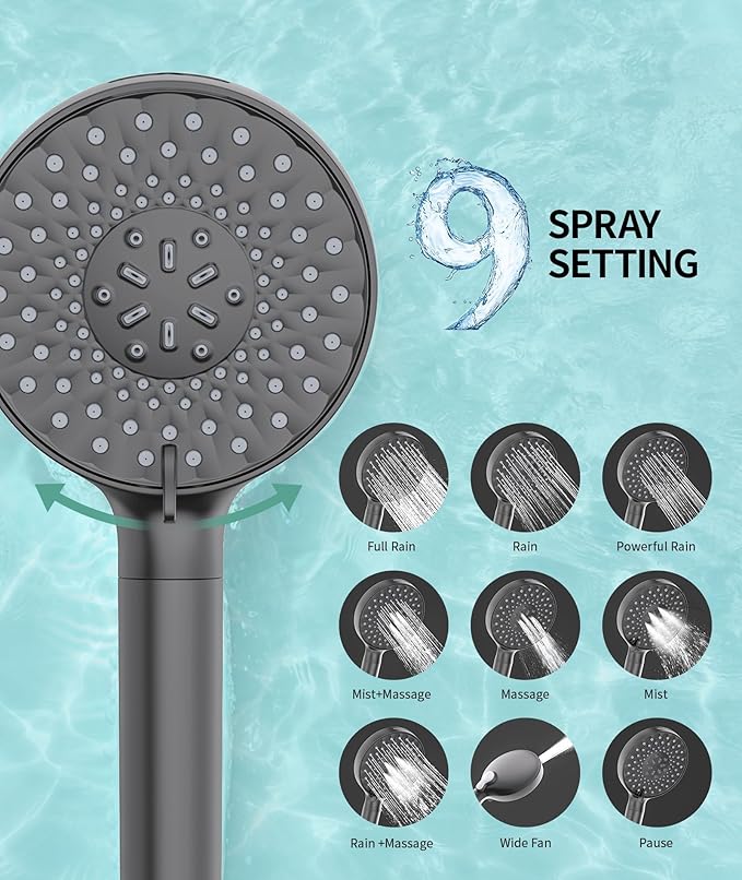 Filtered Shower Head with Handheld, High Pressure 9 Spray Mode Gunmetal Grey Showerhead With Filters,Detachable Shower Head,Water Softener Filters Beads For Hard Water