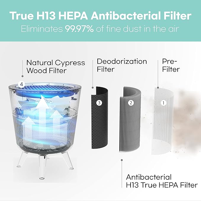 M-002R HEPA Air Purifier with H13 True HEPA Filter, Cypress Wood Filter, Auto Sleep Mode, Filters 99.97% Pollen, Smoke, Perfect for Office and Bedroom, Made in Korea - Red