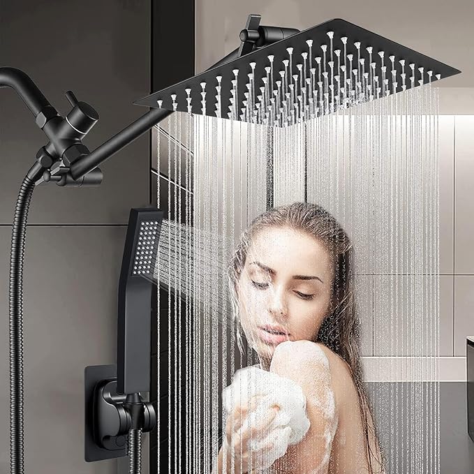 All Metal Rain Shower Heads with Handheld Spray Combo, High Pressure Square 10'' Shower Head with 11'' Extension Arm, Black Shower Head with 78'' Anti-leak Hose, Dual 2 in 1 Waterfall Showerhead