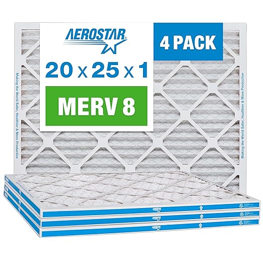 Aerostar 20x25x1 MERV 8 - 4 Count - High Efficiency Pleated HVAC, Furnace & Air Conditioner Filters - Removes Dust, Lint, Mold & Allergy-Causing Pollen