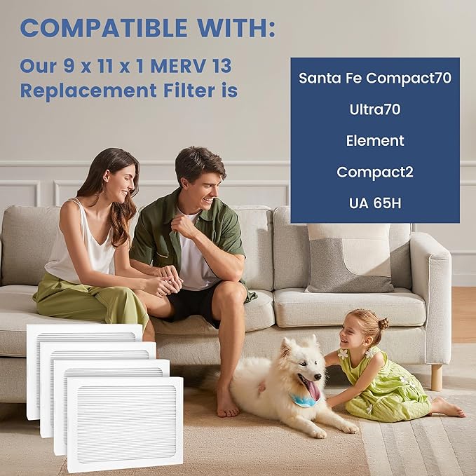 4 Pack 9 x 11 x 1 MERV 13 Replacement Filter Compatible with Santa Fe Compact70, Ultra70, Element, Compact2, UA 65H Dehumidifier Models