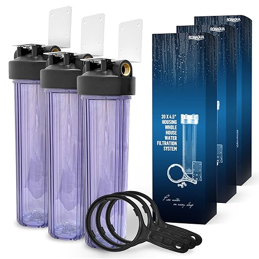 High Capacity 20 x 4.5” Whole House Filter Purifier System for Well or City Water, Presser Relief Button, 1” NPT Brass Port, Double O-Ring, Meets NSF Standards & Regulations (Transparent, 3 Sets)