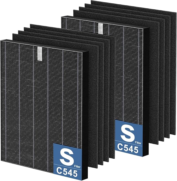2 Pack C545 HEPA Smoke Replacement Filter S Compatible with Winix C545 Air Purifier, Replaces Part 1712-0096-00 and 2522-0058-00, 2 HEPA Filter + 8 Activated Carbon Filters, Black