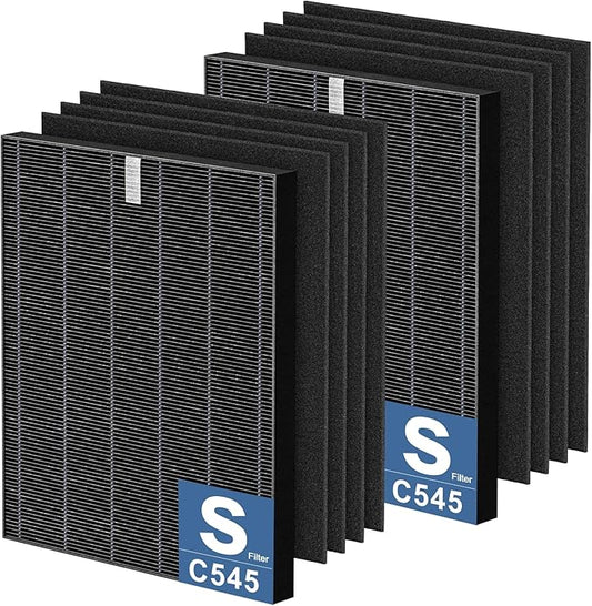 2 Pack C545 HEPA Smoke Replacement Filter S Compatible with Winix C545 Air Purifier, Replaces Part 1712-0096-00 and 2522-0058-00, 2 HEPA Filter + 8 Activated Carbon Filters, Black