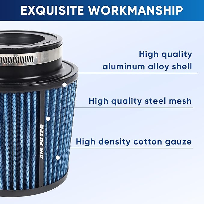 4 Inches Cold Air Intake Filter 3" or 3.5" or 4" High Performance Washable Clamp-On Replacement Cone Air Filter 3 in 1 Size Blue