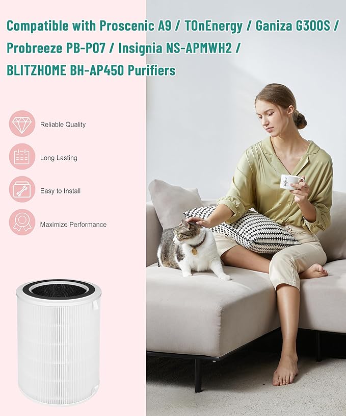G300S Replacement Filter Compatible with Ganiza G300S /Proscenic A9/ Probreeze PB-P07 Air Purifiers, 3-stage Filtration with Activated Carbon Filter, 2 Counts
