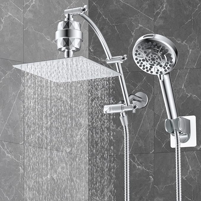 Hibbent All Metal 10'' Dual Filtered Rainfall Shower Head Combo, High Pressure Handheld Shower Head with 16'' Adjustable Arc Extension Arm, 20 Stage Shower Filter, 10-spray, 71'' Shower Hose, Chrome