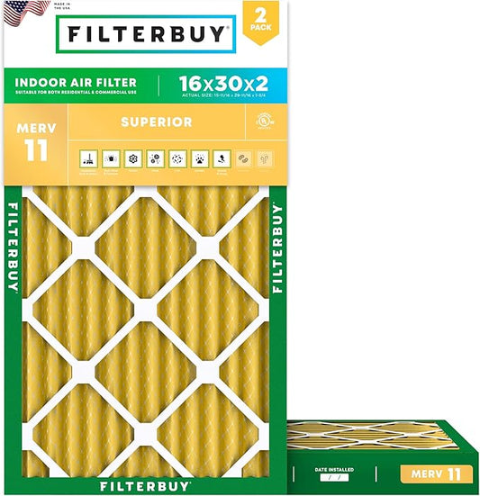 Filterbuy 16x30x2 Air Filter MERV 11 (MPR 1200) Allergen Defense Replacement (2-Pack), Electrostatic Pleated HVAC AC Furnace Filters, Made in USA (Actual Size: 15.69 x 29.69 x 1.75)