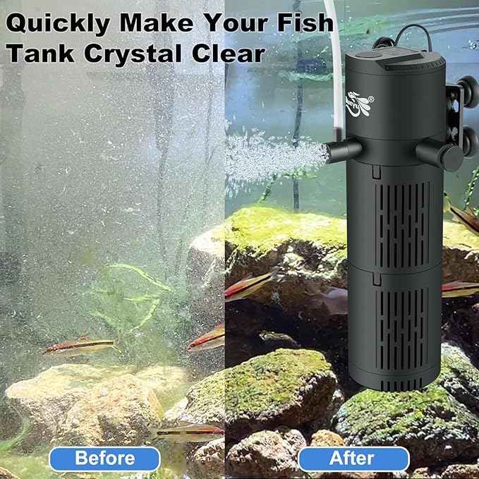 Aquarium Filter, Fish Tank Filter 4-in-1 for 40-120 Gallon Tanks, Submersible Internal Filter with Wave-Maker, Oxygenation & Adjustable Air Flow for Freshwater/Saltwater/Turtle Tanks (12W)