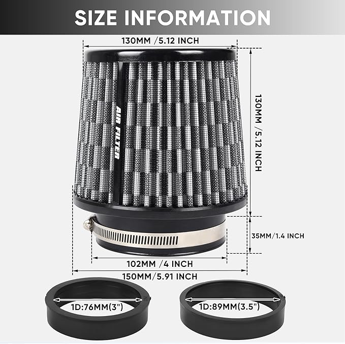 4 Inches Cold Air Intake Filter 3" or 3.5" or 4" High Performance Washable Clamp-On Replacement Cone Air Filter 3 in 1 Size Carbon Fiber Pattern