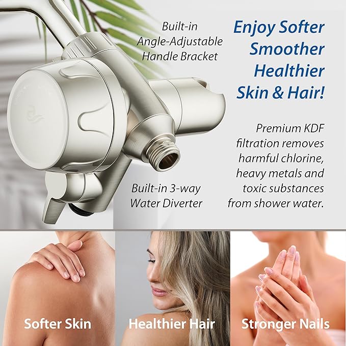 Skin & Hair - World's Most Advanced Shower Filter for Combos with ON/OFF Filtration Modes, Instant Cartridge Reload, Built-in Water Diverter, Stay-Clean Enriched KDF Cartridge/Satin Nickel