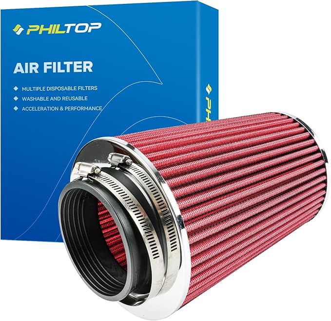 PHILTOP Universal Clamp-On Air Intake Filter, High Performance, Premium, Washable, Replacement Air Filter: High Flow Air Filter 3.5" 89 mm Inlet Truck(8" Tall)