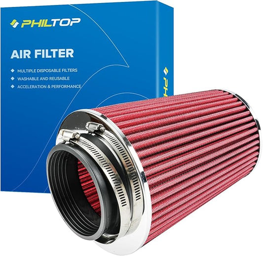 PHILTOP Universal Clamp-On Air Intake Filter, High Performance, Premium, Washable, Replacement Air Filter: High Flow Air Filter 3.5" 89 mm Inlet Truck(8" Tall)