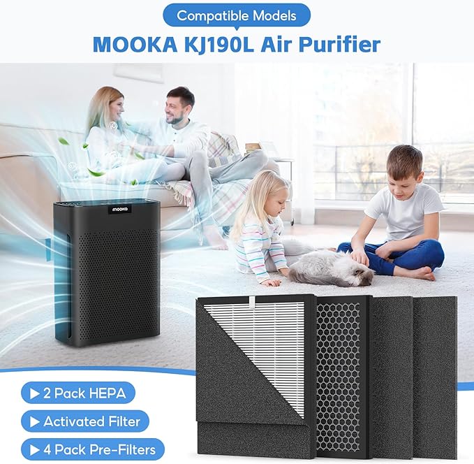 2-pack KJ190L HEPA Filter Replacement Compatible with MOOOKA KJ190L Air Purifier For Home Large Room, 3-stage Filtration, 2* H13 HEPA Filters +4* Washable PreFilters Pet Air Purifier Filters