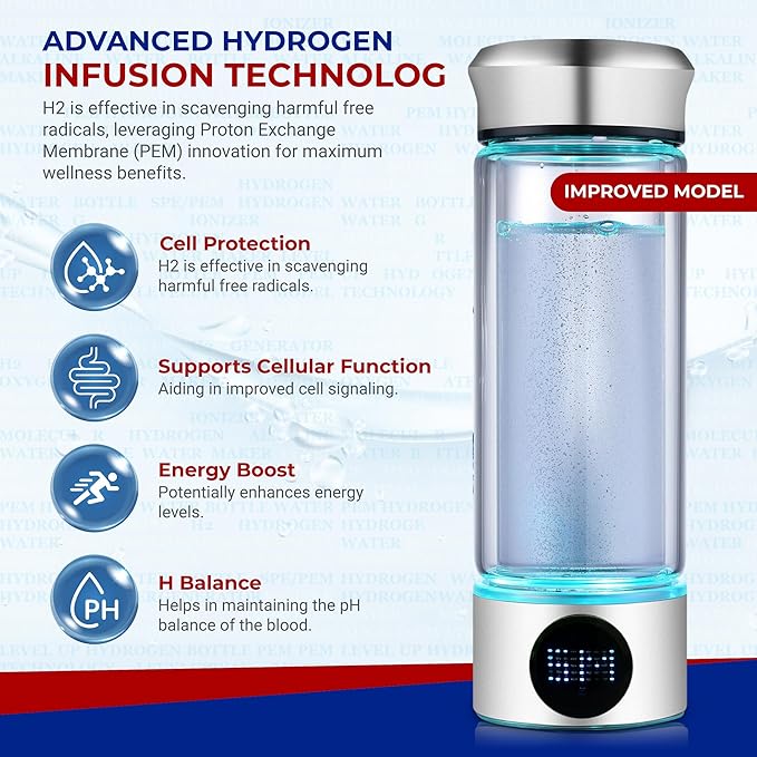 LevelUpWay - Hydrogen Generator Water Bottle SPE PEM Technology Water Ionizer (Classic, Silver - LED)