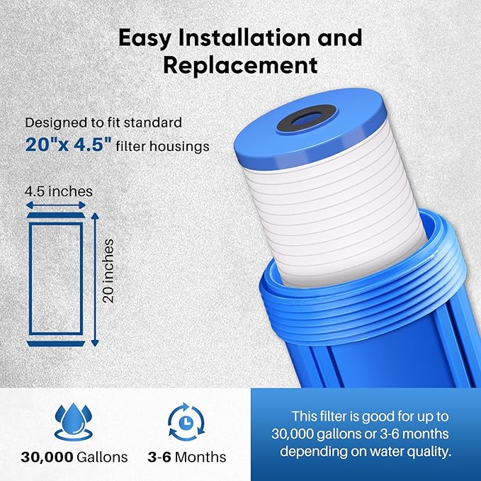 PUREPLUS 5 Micron 20" x 4.5" Whole House Sediment Home Water Filter, Grooved Sediment Cartridge, Replacement for Aqua-Pure AP810-2, Pentair Pentek DGD-5005-20, Home Master CFDGD2501-20BB, 2Pack