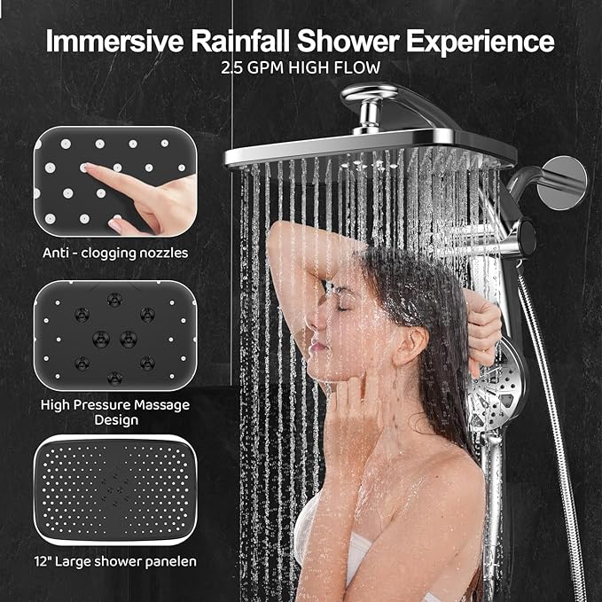 Rain Shower Head with Handheld High Pressure rainfall Shower Heads with Handheld Spray Combo Adjustable one-piece stand daul shower head Built-in Magnetic Docking and Power Jets