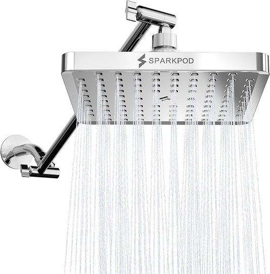 SparkPod Square Rain Shower Head with Extension Arm - Height Adjustable Shower Head with High Pressure Performance - Easy 1-Minute Installation (16" Arm Extension, Luxury Polished Chrome)