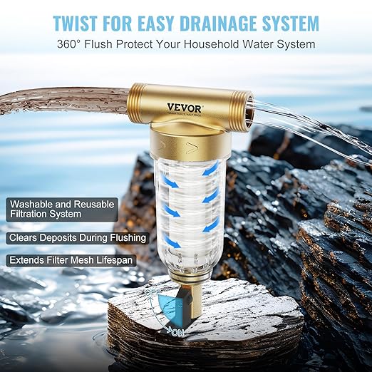VEVOR 40/300 Micron Sediment Filter, 20GPM Spin Down Water Filter, Reusable Upgrade Flushable Pre-Filtration, Whole House Sediment Filter for Well/City Water, Brass Head, 3/4" FNPT + 1" MNPT
