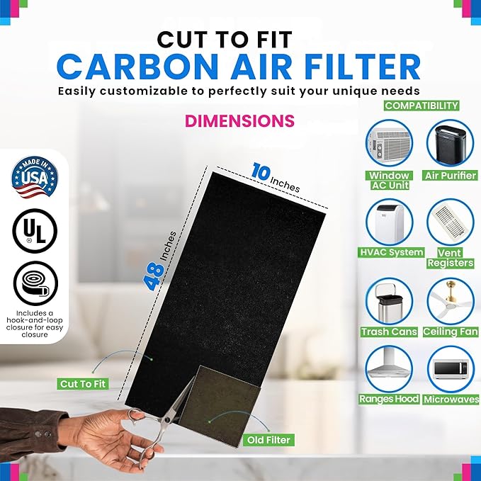 Cut to Fit Activated Carbon Filter Sheet 10” x 48” - Activated Carbon Air Filter for Air Purifiers Window AC Air Vent And More - Charcoal Filters Absorb Odors & Freshens the Air (1-Pack)