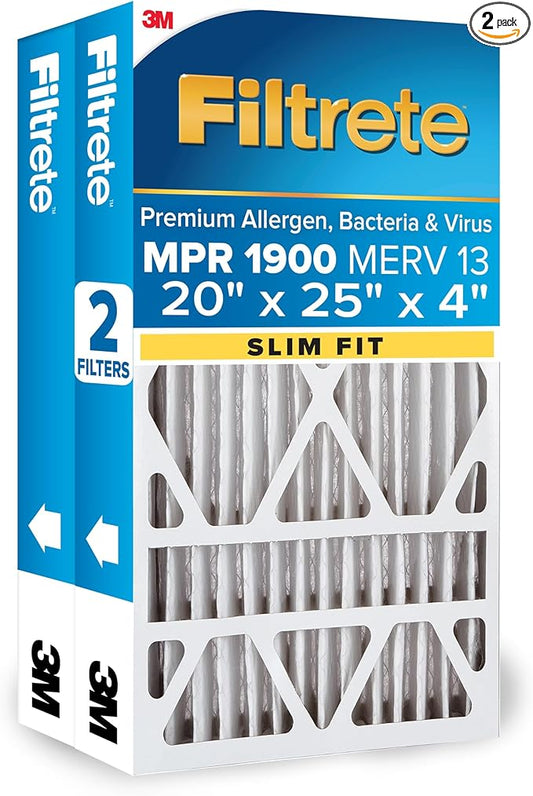 Filtrete 20x25x4 (SlimFit) AC Furnace Air Filter, MERV 13, MPR 1900, Premium Allergen, Bacteria & Virus, Electrostatic Air Cleaning Filter, 2-Pack (Actual Size 19.5x24.5x3.75 in)