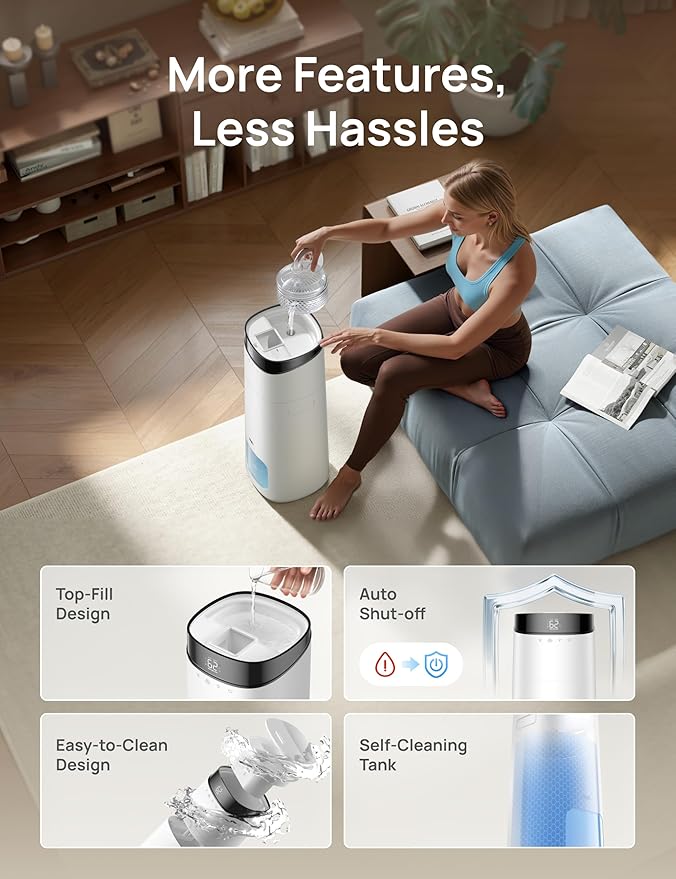 Dreo 16L Smart Humidifier Large Room 1000 ft², 130H Cool Mist Air Humidifiers for Bedroom Plants Baby, Top Fill, Remote/Touch/Voice & APP Control, Self-Cleaning Tank, 30dB, RGB Light, HM755S White