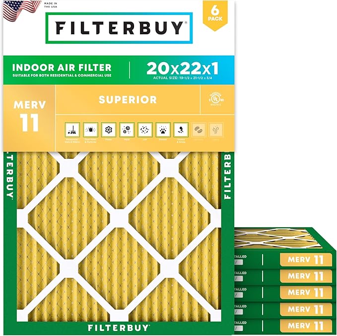 Filterbuy 20x22x1 Air Filter MERV 11 (MPR 1200) Allergen Defense Replacement (6-Pack), Electrostatic Pleated HVAC AC Furnace Filters, Made in USA (Actual Size: 19.50 x 21.50 x 0.75)