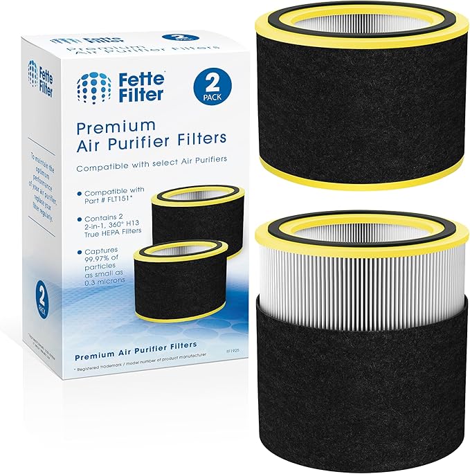 Fette Filter - FLT151 Replacement True Hepa H13 Filter V Compatible with GermGuardian for Models AC3000, AC151, AP3151, AC3000W, AC3000,AC151W AirSafe Series Black/Yellow. Pack of 2