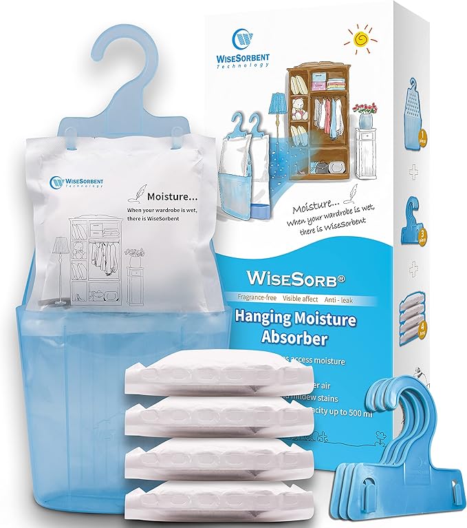 Moisture Absorber Packets with Plastic Case & Hook, Odor Eliminator, Leak Proof, Fragrance Free, Humidity Packs, Hanging Closet Dehumidifier Bags, Moisture Absorber (4 Packs)