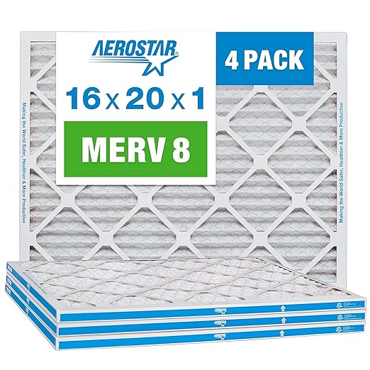 Aerostar 16x20x1 MERV 8 - 4 Count - Pleated HVAC, Furnace & Air Conditioner Filters - Removes Dust, Lint, Mold & Allergy-Causing Pollen