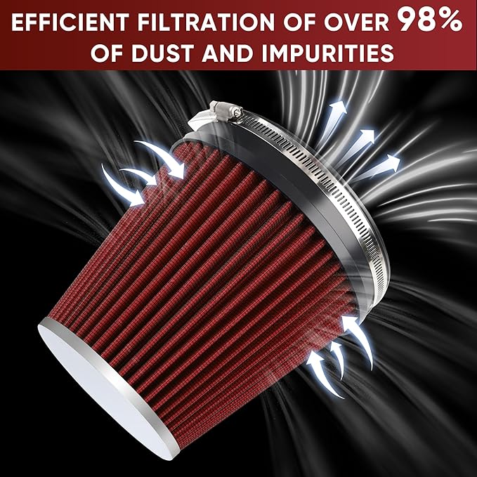 6" 152mm Cold Air Intake Filter Clamp-On Replacement High Flow Inlet Air Filter High Performance Washable Cone Filter 7" Tall Red