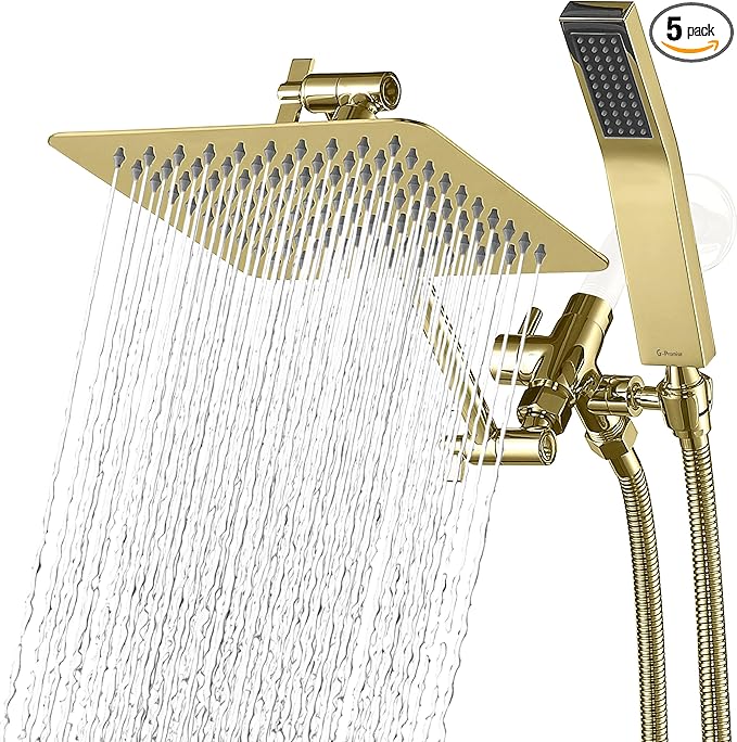 G-Promise All Metal 8 Inch Dual Square Shower Head with Handheld Spray Combo, Rain Shower Head, Adjustable Extension Arm, 3-Way Diverter, 71 Inch Extra Long Hose - A Bathroom Upgrade (Polished Brass)