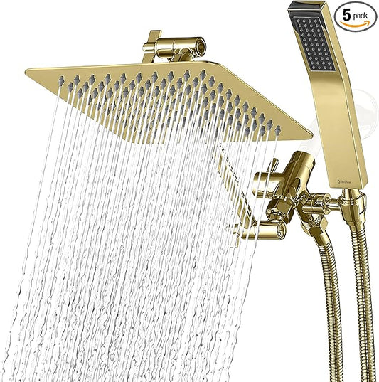G-Promise All Metal 8 Inch Dual Square Shower Head with Handheld Spray Combo, Rain Shower Head, Adjustable Extension Arm, 3-Way Diverter, 71 Inch Extra Long Hose - A Bathroom Upgrade (Polished Brass)