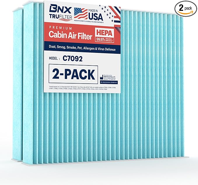BNX TruFilter Cabin Air Filter, 99.97% HEPA, Compatible with Subaru Crosstrek, Ascent, Impreza, Legacy, Outback, Toyota Prius C-HR, Prius AWD-e, Prius Prime,Corolla, RAV4,RAV4 Prime,Venza C7092 2-Pack