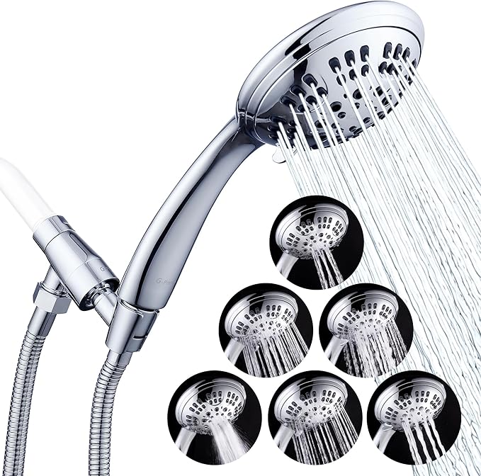 G-Promise High Pressure Shower Head 6 Spray Setting with Adjustable Solid Brass Shower Arm Mount and Extra Long Flexible Stainless Steel Hose (Chrome)