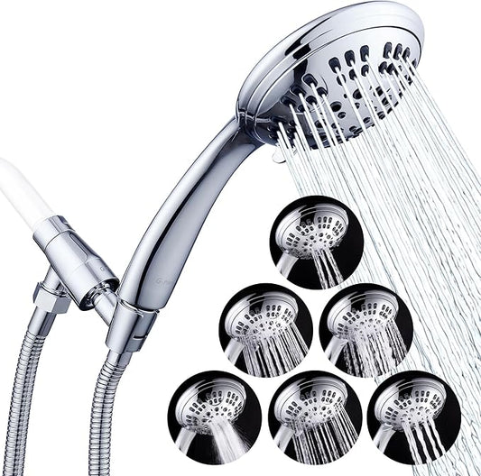 G-Promise High Pressure Shower Head 6 Spray Setting with Adjustable Solid Brass Shower Arm Mount and Extra Long Flexible Stainless Steel Hose (Chrome)