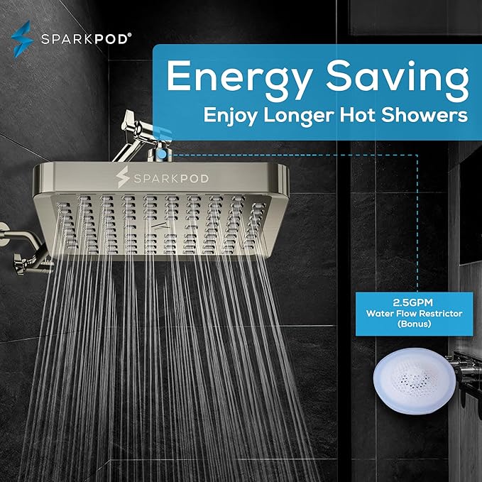SparkPod Shower Head - High Pressure Rain - Premium Quality Luxury Design - 1-Min Install - Easy Clean Adjustable Replacement for Your Bathroom Shower Heads (Elegant Brushed Nickel, 8 Inch Square)