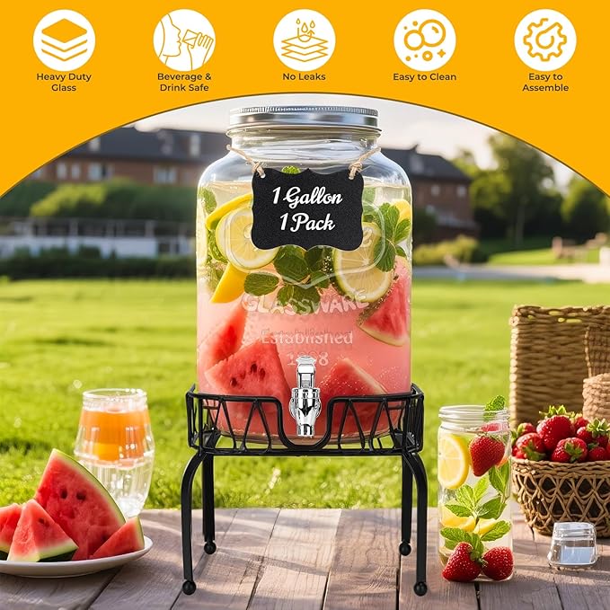 Glass Beverage Dispenser with Stand and Lid, One Pack-2 Gallon with Spigot - Glass Drink Dispensers for Parties, Wedding, Ideal for Juice, Beer, Ice Tea