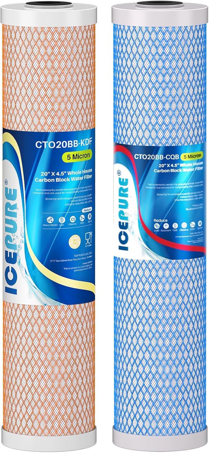 ICEPURE 4.5"x 20" Whole House CTO Carbon Water Filter, 20 Inch Water Filtration System Combo Kit with KDF Cartridge and Upgraded Activated Carbon Lead Remove Filter Replacement for Home, 1 Pack