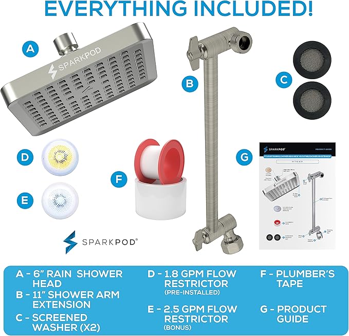 SparkPod Square Rain Shower Head with Extension Arm - Height Adjustable Shower Head with High Pressure Performance - Easy 1-Minute Installation (11" Arm Extension, Elegant Brushed Nickel)